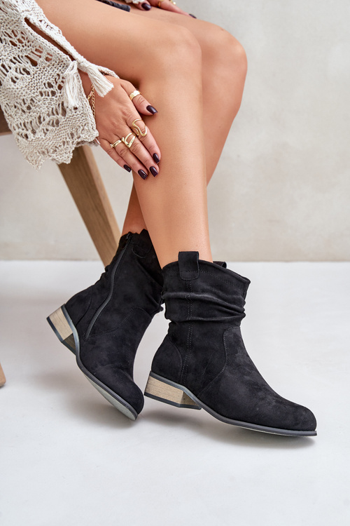 Ocieplane Botki Z Marszczeniem Na Niskim Obcasie Czarne Elletinnia