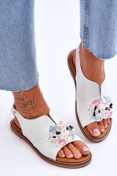 Damskie Skórzane Sandały Z Kamieniami Białe Mersea