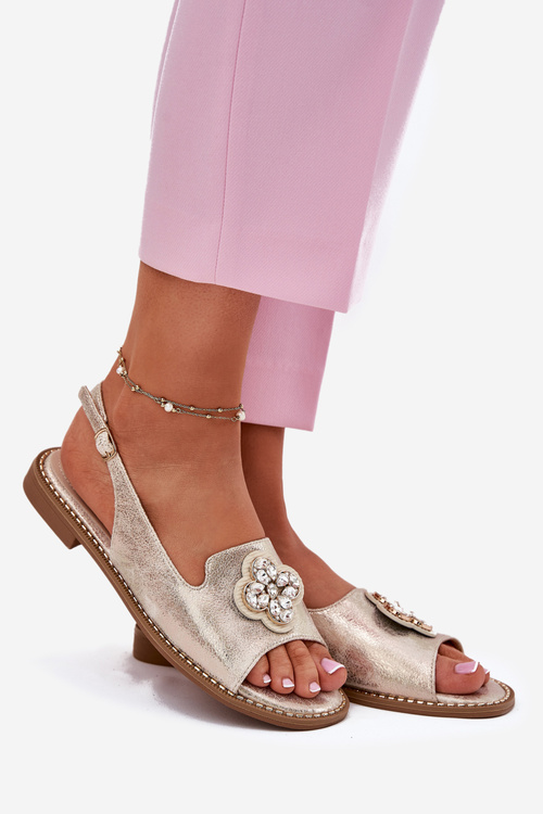 Sandały Damskie Na Płaskim Obcasie Z Ozdobnym Detalem S.Barski KV51-080 Złote