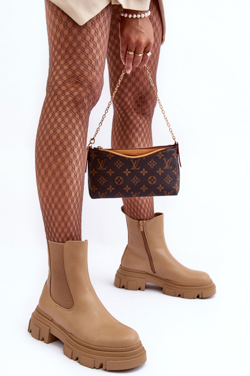 Skórzane Botki Sztyblety Na Płaskim Obcasie i Platformie Beżowe Solita