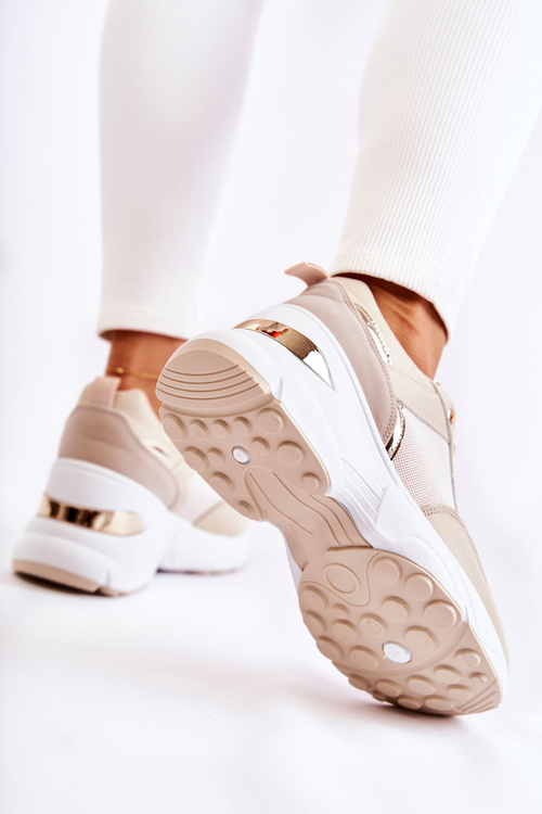 Damskie Błyszczące Buty Sportowe Na Koturnie Beżowe Activity