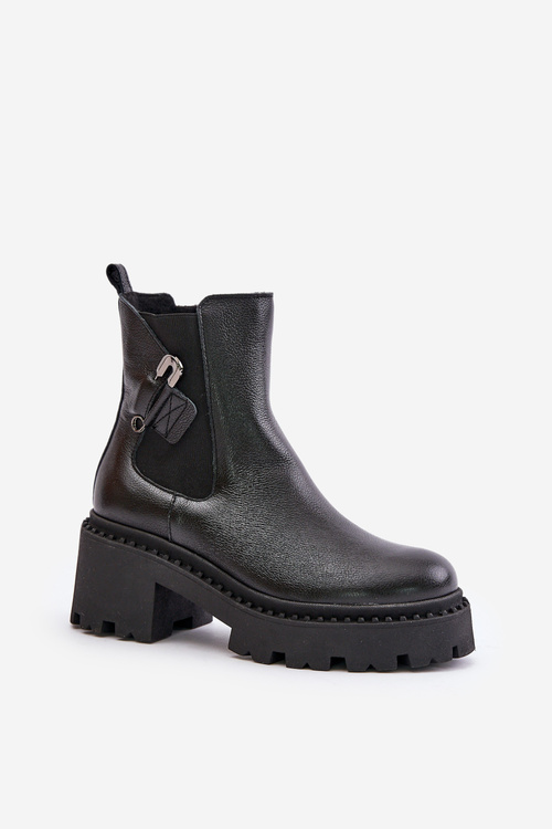 Zazoo 60490 Skórzane Ocieplane Botki Z Ozdobą Czarne