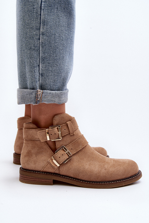 Damskie Botki Na Płaskim Obcasie Z Paskami Beżowe Melviana