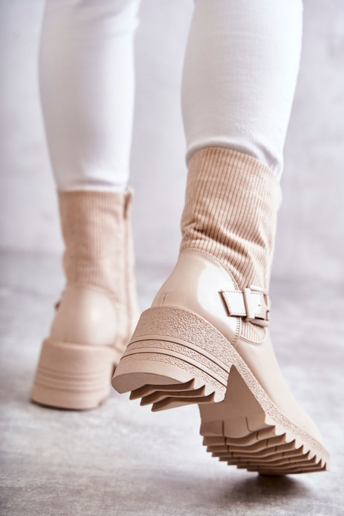 Damskie Botki Ocieplane Na Masywnym Obcasie Beżowe Marinela