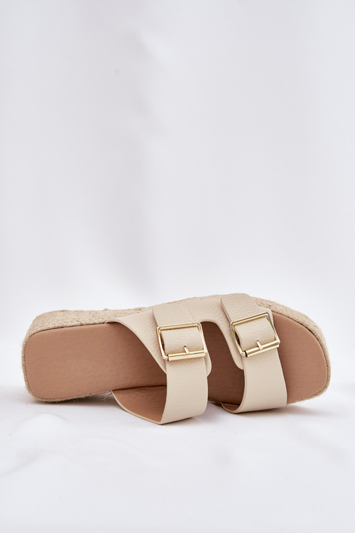 Klapki Damskie Na Koturnie Z Plecionką I Klamrami Beżowe Pasinea