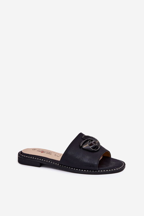 Klapki Damskie Na Płaskim Obcasie Z Ozdobnym Detalem KV51-007 Czarne