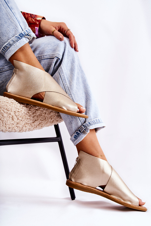 Damskie Skórzane Sandały Na Szeroką Stopę Złote Catalise