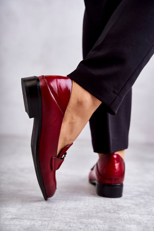 Modne Skórzane Półbuty Loafery Bordowe Trine