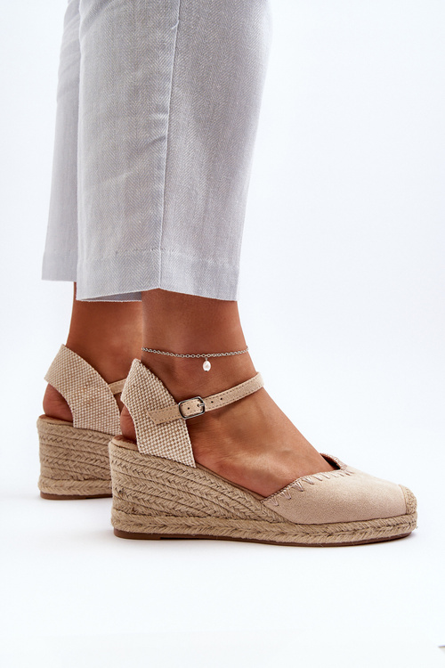 Zamszowe Sandały Espadryle Na Koturnie Z Plecionką Beżowe Raylin