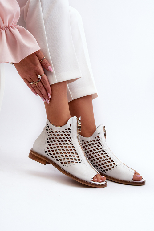 Zazoo 977/L Skórzane Ażurowe Sandały Na Zamek Białe
