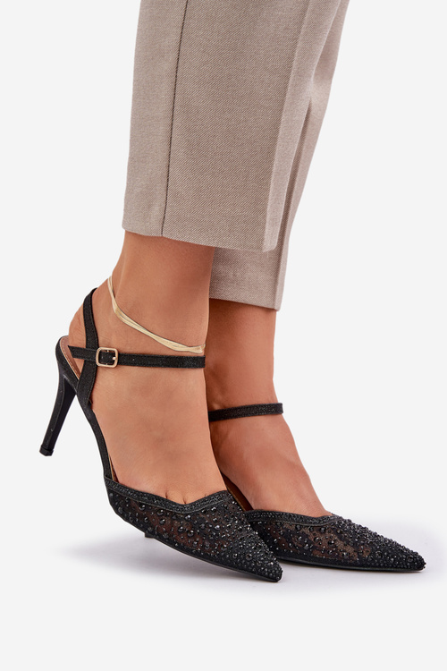 Zdobione Szpilki Z Odkrytą Piętą Czarne Nanadra