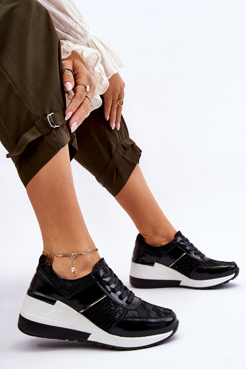 Damskie Skórzane Buty Sportowe Na Koturnie Czarne Crosby