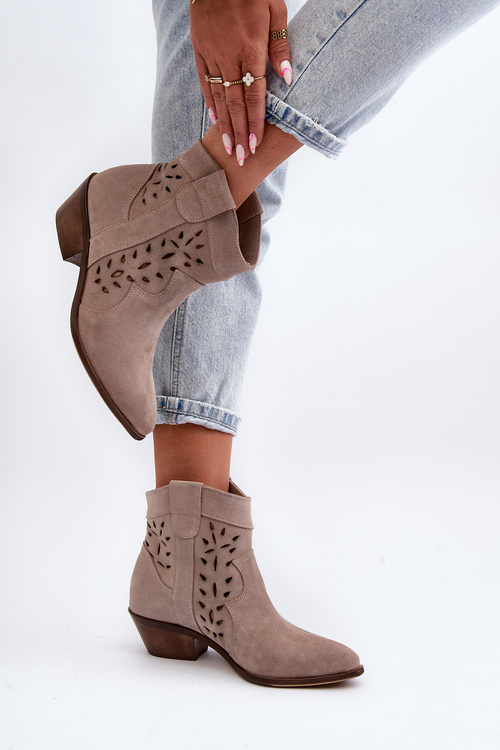 Zazoo 2870 Zamszowe Botki Na Niskim Obcasie Ażurowe Beżowe