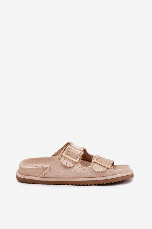 Klapki Damskie Z Klamrami I Ozdobnym Obszyciem Beżowe Visley