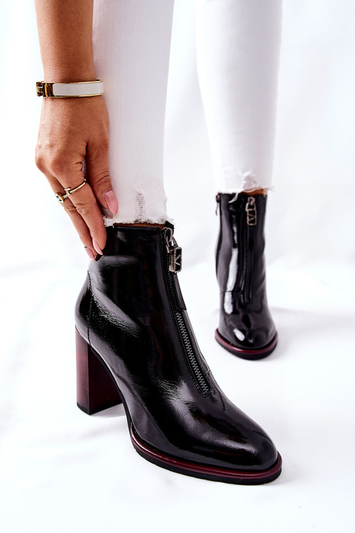 Damskie Botki Czarne Lakierowane na Słupku Cofton