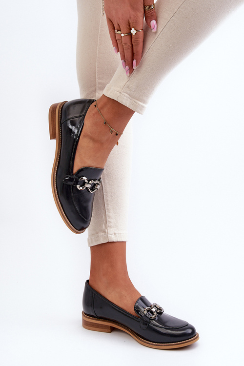 Skórzane Damskie Lakierowane Mokasyny Laura Messi 2760 Granatowe