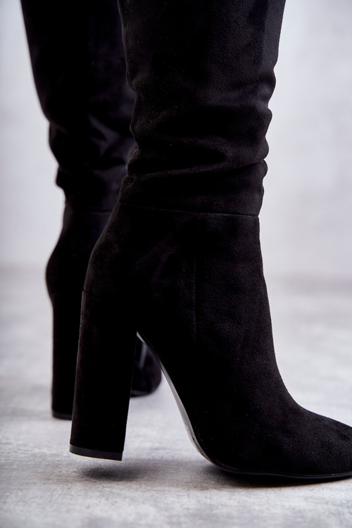 Klasyczne Zamszowe Kozaki Na Obcasie Czarne Tressa