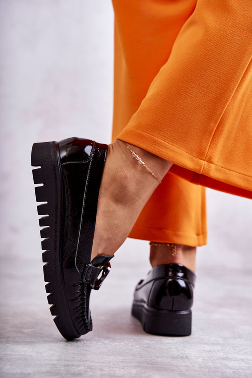 Damskie Skórzane Mokasyny Na Platformie Czarne Venesia