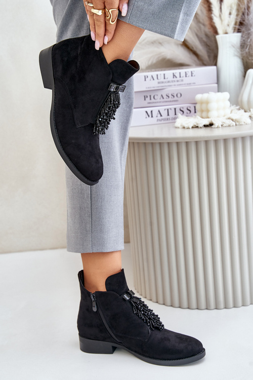 Ocieplane Niskie Botki Z Ozdobą Na Zamek S.Barski HY42-715 Czarne