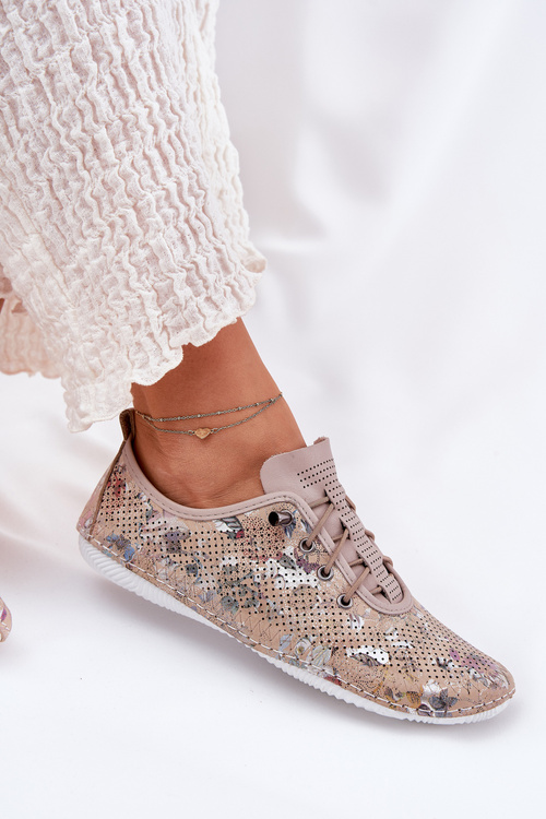 Półbuty Damskie Ze Skóry Naturalnej Wzorzyste Artiker 56C2689 Beżowe