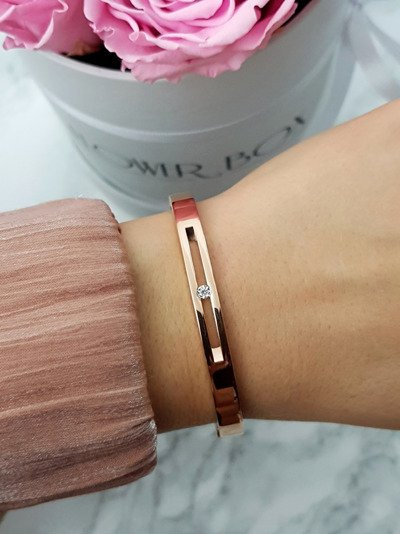 Damska Bransoleta Stalowa Z Cyrkonią Różowe Złoto Crystal