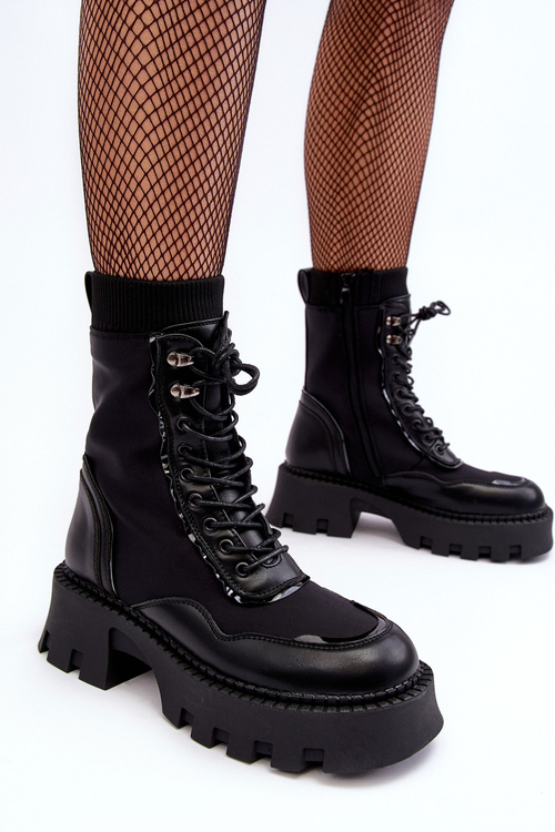 Skórzane Szurowane Masywne Workery Botki Damskie Czarne Seloma