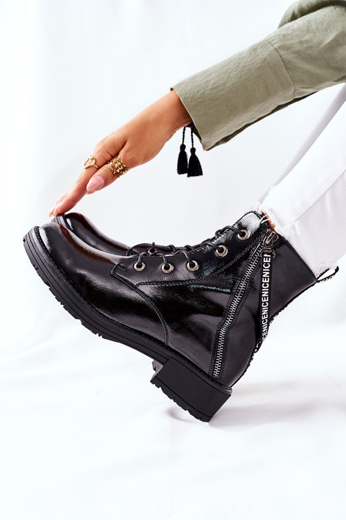 Botki Damskie Workery Lakierowane Czarne Goorey