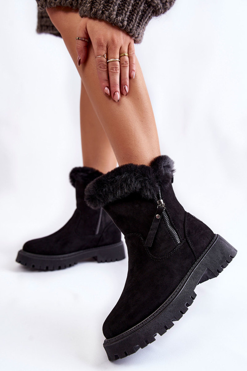 Zamszowe Botki Z Futerkiem Na Suwak Czarne Rezan