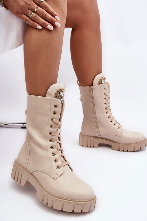 Skórzane Botki Workery Z Biżuteryjną Ozdobą Beżowe Marx