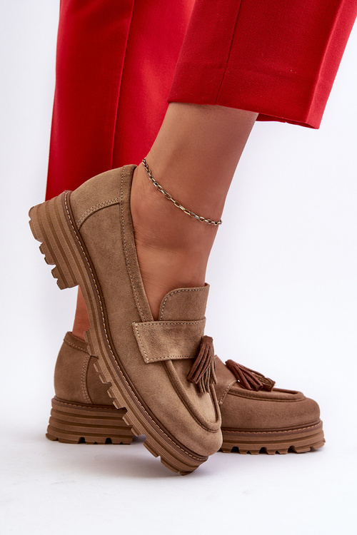 Zazoo 3469 Zamszowe Mokasyny Damskie Z Frędzlami Beżowe