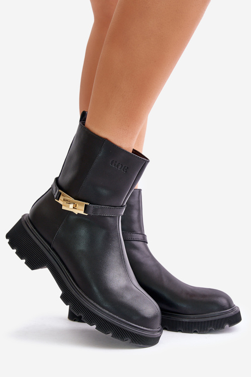 Skórzane Botki Damskie Z Paskiem Ocieplane GOE OO2N4150 Czarne