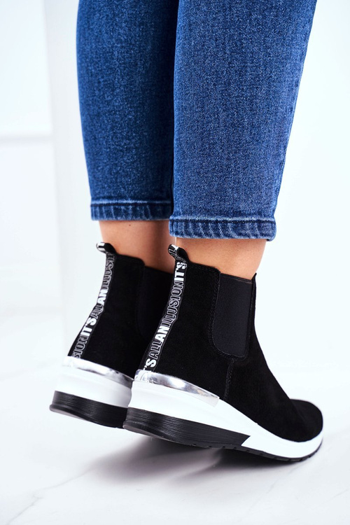 Sportowe Damskie Buty Sneakersy Skórzane Czarne 21-7781