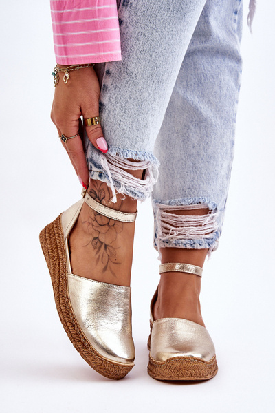 Damskie Skórzane Espadryle Sandały Złote Moise