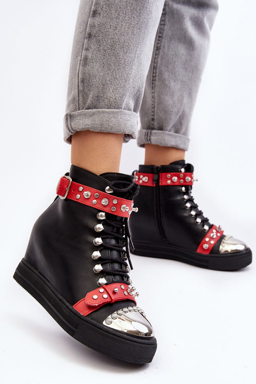 Ocieplane Botki Na Koturnie Z Dżetami Ekoskóra Lu Boo Czarne