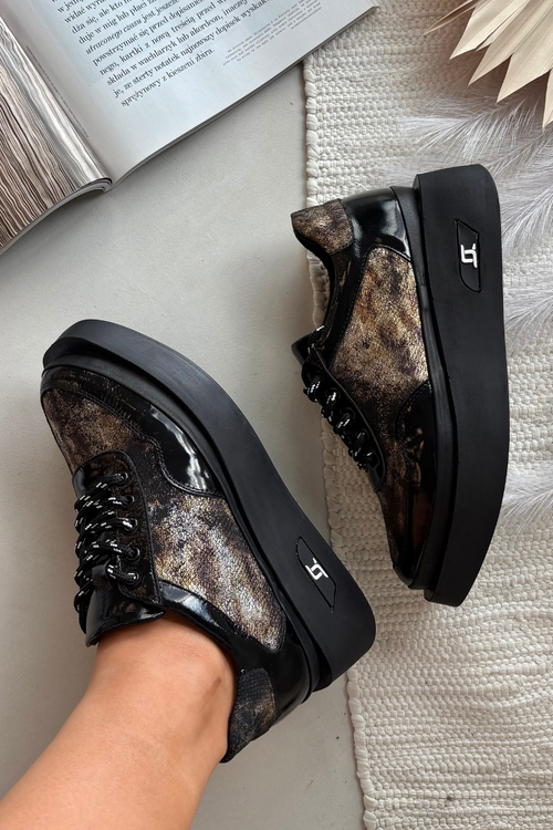 Skórzane Sznurowane Półbuty Damskie Na Platformie Artiker 57C2042 Czarno-Złote