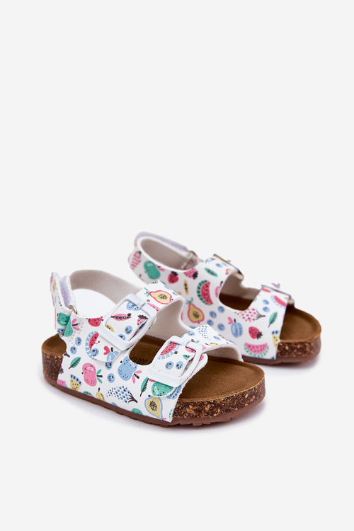 Dziecięce Sandałki Na Korkowej Podeszwie Z Klamrami Owoce Białe Thessa