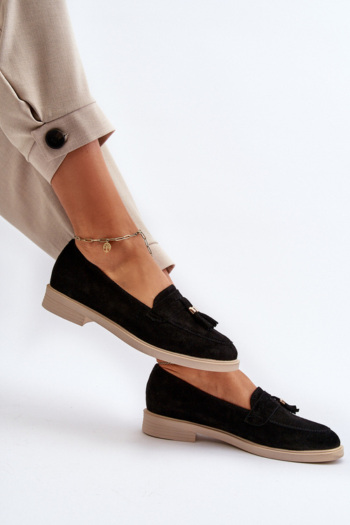 Zazoo 3420 Zamszowe Mokasyny Damskie Na Płaskim Obcasie Czarne