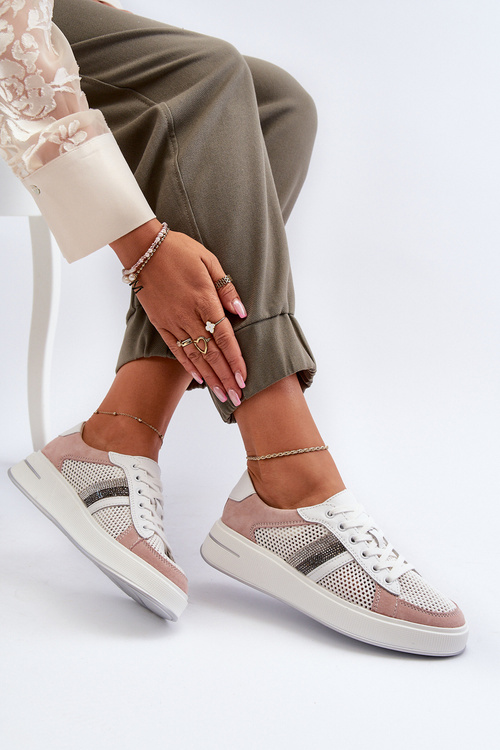 Sneakersy Skórzane Damskie D&A LR110 Biało-Różowe