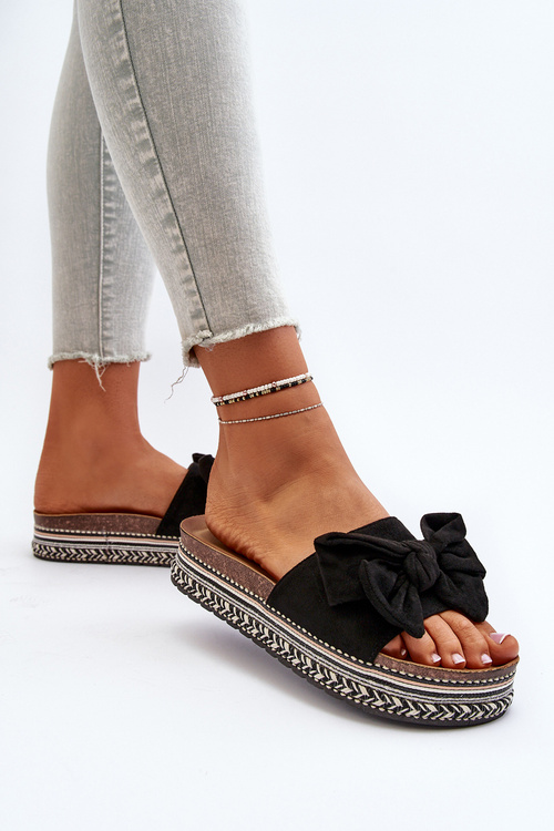 Klapki Damskie Na Platformie Z Kokardą Czarne Evatria