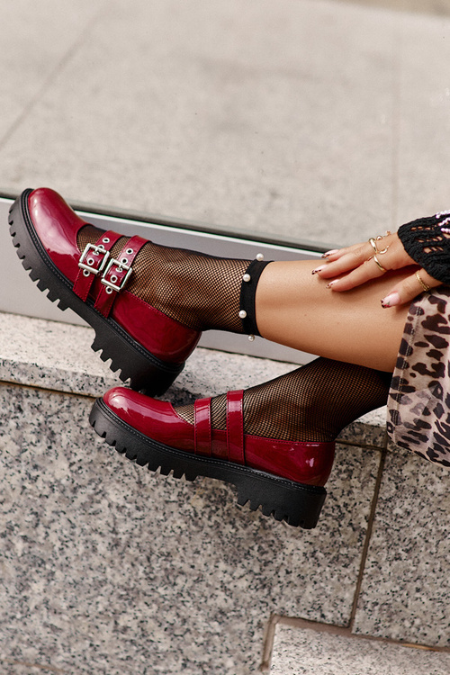 Półbuty Damskie Z Paskami Lakierowane Bordowe Terione