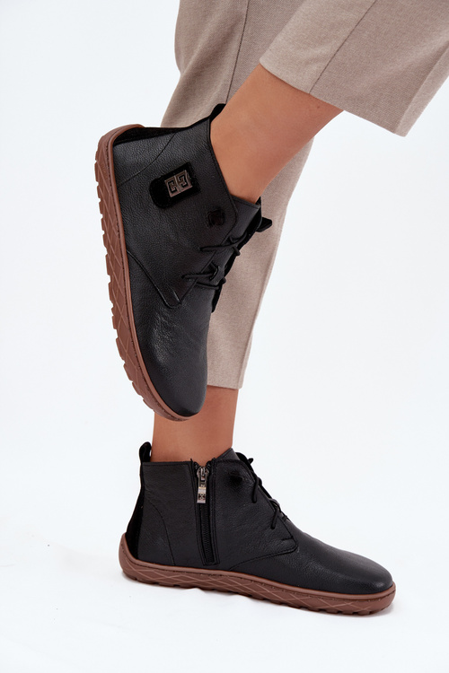 Skórzane Półbuty Barefoot Damskie Z Ozdobnym Detalem Zazoo 30072 Czarne