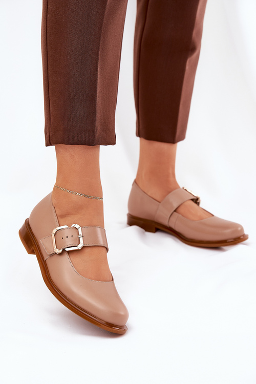 Skórzane Półbuty Damskie Z Klamrą Laura Messi 2980 Ciemnobeżowe