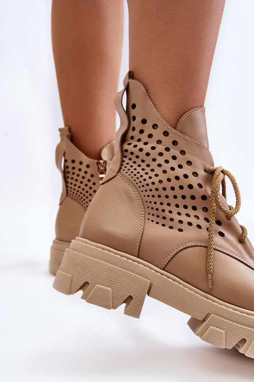 Skórzane Workery Z Ażurowym Wzorem Beżowe Abilene