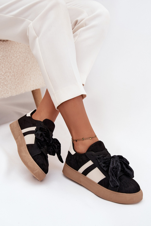 Sneakersy Damskie Z Welurową Kokardą Czarne Ashlyn