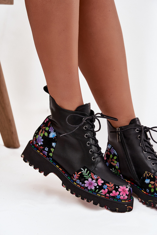 Skórzane Botki Damskie Z Kwiatkami Ocieplane Artiker 57C0180 Czarne