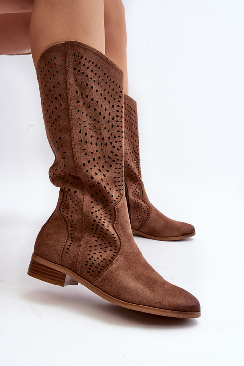 Ażurowe Kozaki Do Połowy Łydki Brązowe Kleorelia