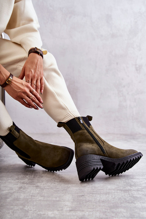 Damskie Ocieplane Botki Na Obcasie Zielone Abella