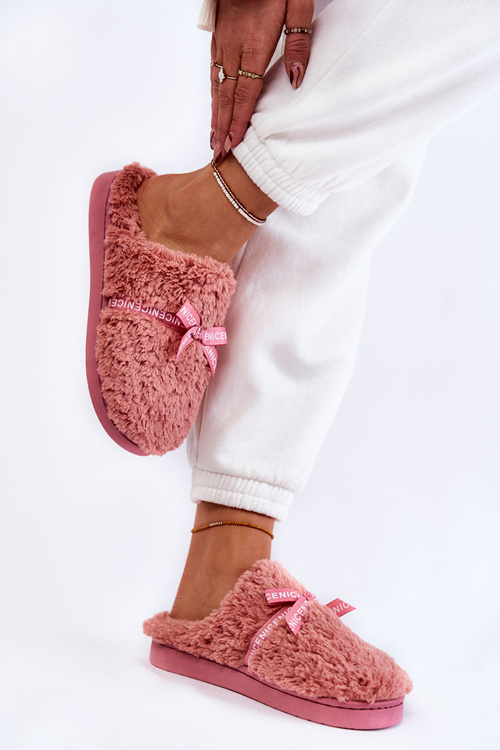 Damskie Futrzane Papcie Z Kokardką Różowe Ryana