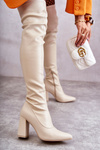 Skórzane Wysokie Kozaki Na Obcasie Beżowe Casto