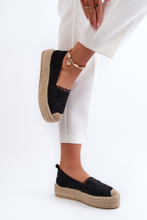 Espadryle Damskie Koronkowe Na Platformie Czarne Elarose